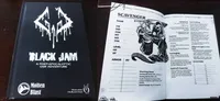 Two sheets of paper side by side, likely character sheets for a tabletop roleplaying game.

The left sheet is black with white text and illustrations. At the top, a large white handprint with a starburst pattern extends from the left edge. Below the handprint, the title "BLACK JAM" is written in large, bold, blocky letters. Underneath "BLACK JAM," smaller text reads "A POST-APOCALYPTIC ADVENTURE." Near the bottom left corner, there is a small logo featuring a stylized skull and crossed tools or weapons, with text beneath it reading "MADE USING THE BLACK HACK."

The right sheet is white with black text and illustrations. At the top, the word "SCAVENGER" is printed in large, uppercase letters. Below it, there is a section labeled "NAME" followed by blank lines for filling in information. Under this, six attributes are listed: STR, DEX, CON, INT, WIS, and CHA, each with blank spaces next to them. Further down, sections labeled LEVEL, HP, and XP are present with blank lines. Below