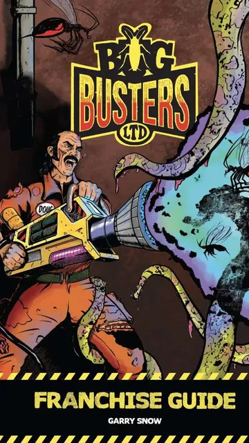 Man in orange jumpsuit firing a large gun at giant insects, "BUG BUSTERS LTD" sign above.