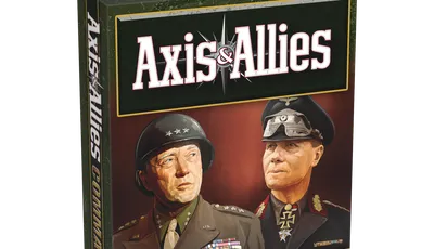 A box for "Axis & Allies: Commanders" features a striking illustration of two historical military leaders. On the left, a U.S. General in a uniform adorned with medals and a helmet, and on the right, a German Field Marshal in a dark uniform with distinctive insignia. The title "Axis & Allies" is prominently displayed at the top, with "COMMANDERS" in bold gold letters at the bottom, and a small age recommendation of "14+" in the lower corner. The background is a gradient of warm colors, enhancing the dramatic presentation.