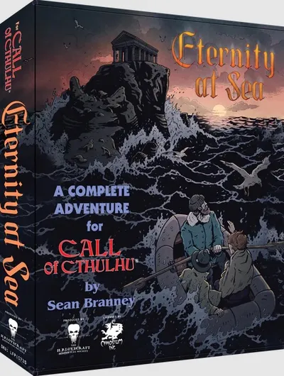 A box titled "Eternity at Sea" features a dramatic illustration of a rocky coastline with a dark, ominous building perched atop a cliff, surrounded by turbulent waves and seagulls in flight. Two figures in a small boat are depicted in the foreground, navigating the choppy waters, while the title and subtitle highlight it as a complete adventure for the Call of Cthulhu roleplaying game. The overall color palette includes deep blues and grays, enhancing the eerie atmosphere of the scene.