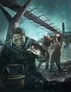 A man in a dark coat and cap, covered in grime, reaches out with one hand while holding a lantern in the other. Behind him, two other men in similar attire stand near a large industrial structure with metal beams and machinery, under a dim, greenish light. The setting appears to be a damp, underground or industrial area with water on the ground.