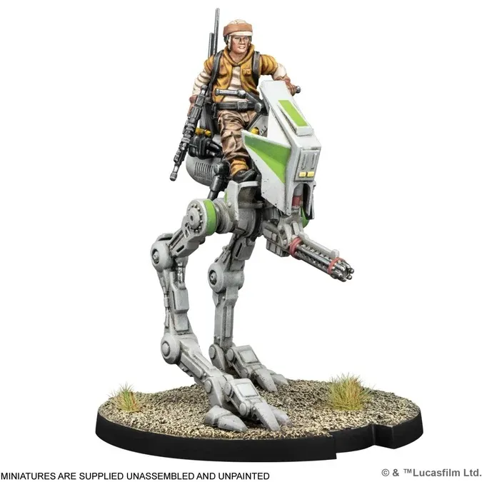 Miniature of a trooper riding a green and white AT-RT walker on a grassy base.