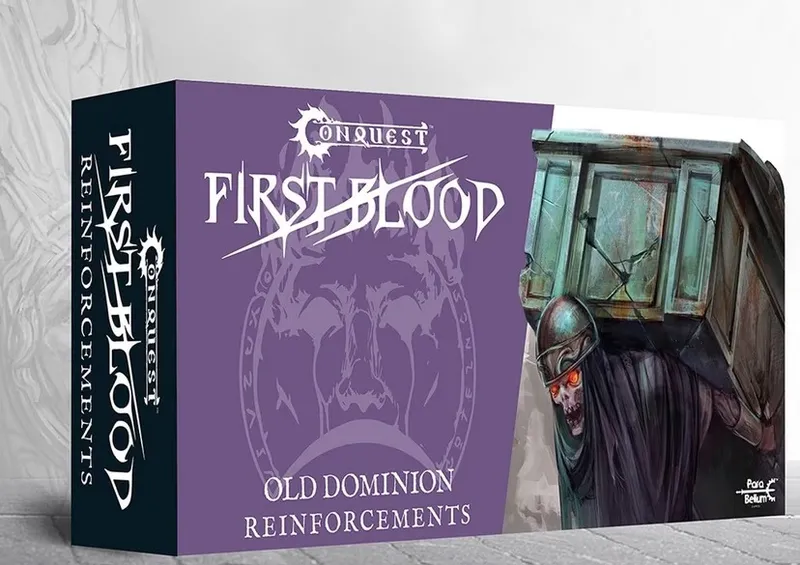 Purple box with "Conquest First Blood Old Dominion Reinforcements" text and a white hand symbol.