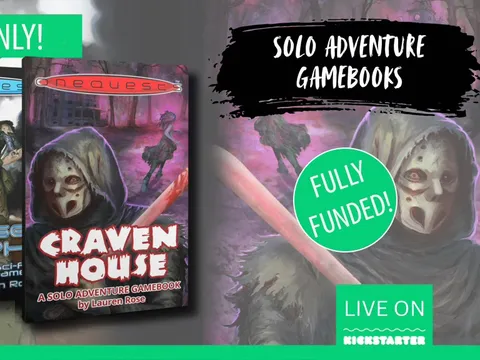 Cover of Craven House solo adventure gamebook by Lauren Rose, featuring dark fantasy art: a masked figure with glowing eyes holding a knife, standing over a prone victim in a dimly lit, blood-splattered hallway.