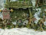 A group of intricately detailed miniatures inspired by Celtic mythology is displayed in front of a rustic, weathered structure covered in moss and foliage. The miniatures, depicting various fantastical creatures, include a central figure holding a banner, flanked by others wielding weapons and adorned with unique features like tusks and intricate patterns. The scene is set amidst a misty, ethereal atmosphere, enhancing the mystical theme of the Famhairean campaign.