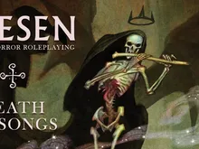 Skeletal figure in tattered cloak playing a wooden flute, standing on rocky terrain with a dark, misty background. Text reads "DEATH OF SONGS" vertically on left.