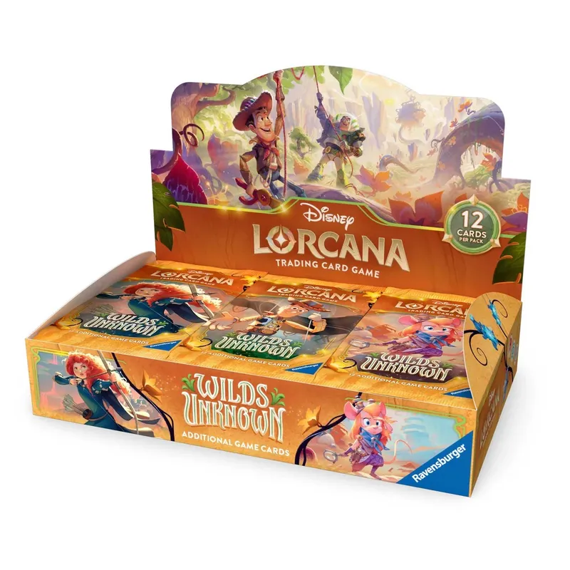 A display box for the Disney Lorcana Trading Card Game features various booster packs from the "Wilds Unknown" expansion. The box is adorned with vibrant artwork depicting characters in a lush, adventurous setting, including a young girl with red hair and a boy in a hat, suggesting a theme of exploration. Each pack is labeled with the title "WILDS UNKNOWN" and indicates that there are 12 cards per pack, highlighting the game's focus on adventure and survival.