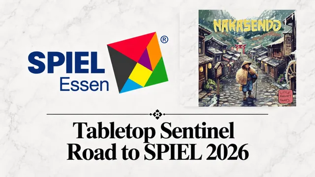 A colorful geometric logo with the text "SPIEL Essen" in blue. Beside it, a game box cover titled "Nakasendo" showing a person in traditional clothing walking down a narrow street with wooden buildings, lanterns, and a torii gate in the background.