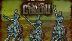 Humanoid aliens with spears riding horned, alien horses