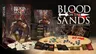 A dynamic display of the game "Blood on the Sands" features a prominent cover illustration of a gladiator in armor, wielding a sword, set against a backdrop of an arena. Surrounding the central image are various game components, including a reference guide, character cards, tokens, and a sprue of miniatures, all laid out on a sandy surface. The title "BLOOD ON THE SANDS" is boldly presented at the top, emphasizing the game's focus on gladiatorial combat.