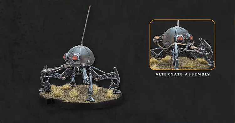 A DSD1 dwarf spider droid is depicted on a circular base, surrounded by tufts of dry grass. The droid features a rounded metallic body with red eyes and multiple articulated legs, showcasing its agile design. An inset image highlights an alternate assembly option for the droid, emphasizing its versatility in construction.