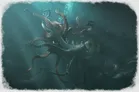 Large octopus swimming in dark blue water with bubbles.