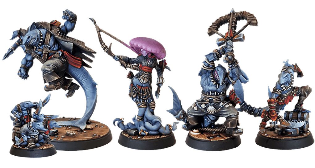 A collection of miniatures from the Voidsea campaign features a variety of fantastical characters. On the left, a large, muscular humanoid figure with blue skin and a rugged outfit stands in a dynamic pose. Next to it, a slender, dark-skinned character with a jellyfish-like head holds a weapon, adorned in tattered clothing. To the right, a small, blue creature with a mischievous expression stands on a wooden base, while another figure with a claw and a menacing stance completes the lineup. The miniatures are intricately detailed, showcasing a mix of pirate and eldritch themes.