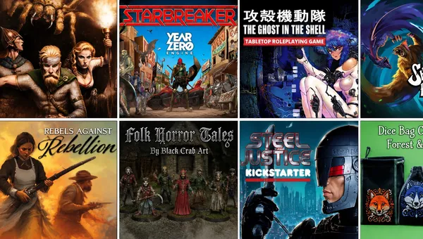 Top left: STARBREAKER, YEAR ZERO ENGINE, street scene with armed figures.
Top right: THE GHOST IN THE SHELL, woman with blue hair and cybernetic body.
Bottom left: Folk Horror Tales, miniatures of robed figures.
Bottom right: STEEL