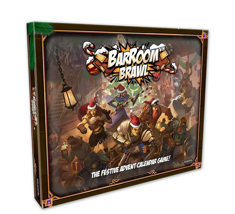 A festive game box titled "Barroom Brawl" features a colorful illustration of various characters engaged in a lively brawl, all wearing Santa hats. The background depicts a bustling tavern scene with hanging lanterns and decorations, enhancing the holiday theme. The text at the bottom reads, "THE FESTIVE ADVENT CALENDAR GAME!" indicating its purpose as an advent calendar for gamers.