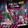 A chaotic scene featuring numerous figures in pink hooded jumpsuits and black masks, some holding weapons, in a colorful, multi-level setting with stairs and platforms. A central figure in a black hooded robe and mask stands prominently. The background includes text: "NETFLIX SQUID GAME Coming in 2026 THE GAME WILL NOT STOP". In the foreground, the text "ZOMBICIDE 2nd EDITION ZOMBICIDE.COM" and the logo "asmodee" are visible.