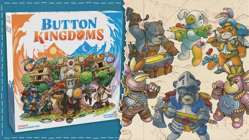 "Button Kingdoms" game box with cartoon animals and characters in armor.