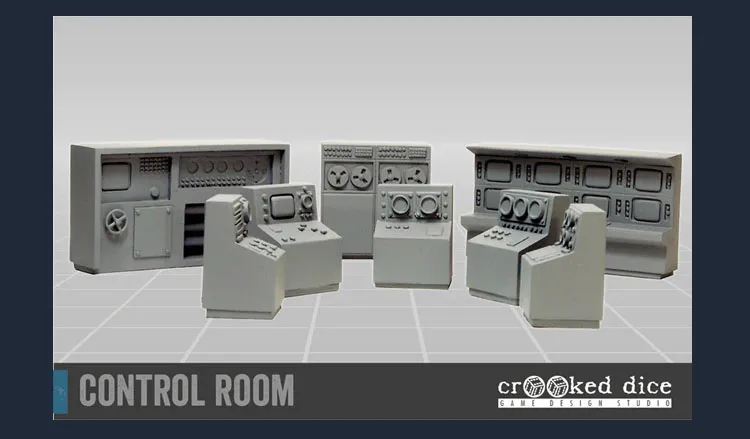 A collection of six sci-fi control room pieces is displayed, featuring various consoles and control panels in a light gray resin. The set includes a large back wall unit with multiple screens and dials, several smaller consoles with buttons and levers, and a few standalone control stations. The pieces are arranged on a grid-like surface, emphasizing their design for tabletop gaming and miniature setups.