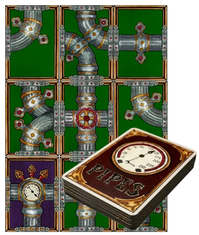 A grid of sixteen Pipe Layout cards is displayed, featuring various pipe designs in silver and gold against a green background. The layout includes connections and junctions, suggesting a complex network. In the foreground, a deck of cards titled "PIPES" is shown, with a vintage-style design that includes a gauge and clock motif.