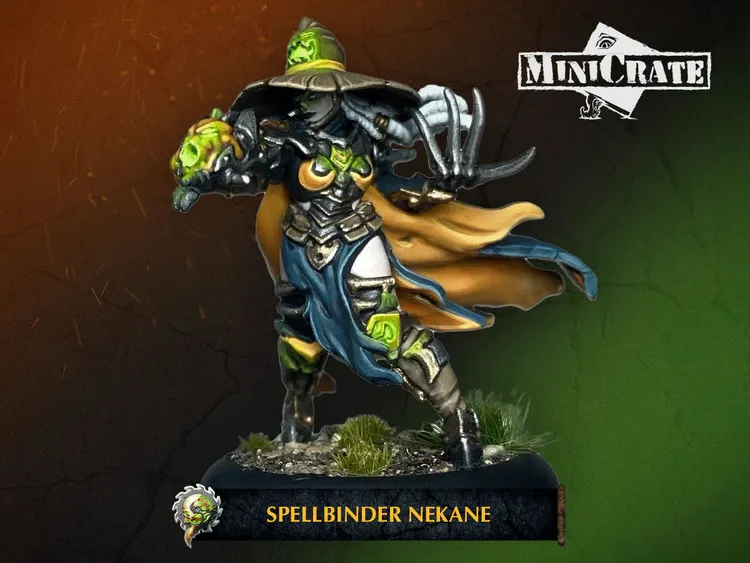 A detailed miniature of Spellbinder Nekane stands prominently, showcasing intricate armor and a flowing cape. The figure features a green and gold color scheme, with a distinctive hat and a weapon in one hand, set against a gradient background of orange and green. The base is adorned with grass, enhancing the overall presentation of the character.