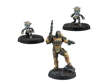 A trio of miniatures from Corvus Belli's upcoming releases features a central figure in a tactical suit, wielding a weapon, flanked by two smaller androids with distinctive blue eyes and sleek designs. The central figure stands on a textured base, while the two smaller figures are positioned on separate bases, showcasing their unique designs. The overall aesthetic combines elements of sci-fi and military themes, emphasizing a futuristic and dynamic look.