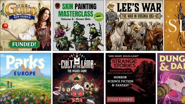 Top left: "SKIN PAINTING MASTERCLASS Volume 2 - Green Skin"
Top right: "LEE'S WAR THE WAR IN VIRGINIA 1861-6"
Bottom left: "CULT OF THE LAMB THE BOARD GAME"
Bottom right: "
