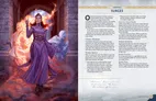 Alt-text:

A two-page spread from a roleplaying game rulebook. The left page shows a full-color fantasy illustration of a woman in a flowing purple gown with long sleeves, standing in a stone corridor or balcony. She holds a long, thin metal rod in her right hand. Her dark hair is styled upward, and she wears a stern expression. Behind her, a glowing, swirling white and orange light radiates from an archway, resembling a magical portal or storm.

The right page is titled "Chapter 6: Surges" in large gold letters at the top. Below it, the heading "Roshar, Stormlight Powers Incarnate" introduces text describing game mechanics. Subheadings include "Using Surges," "Surge Skills," "Gaining Surges," "Surge Effects," "Surge Scaling," and "Surge Dice." A small inset illustration in the lower right corner depicts a gloved hand striking a humanoid figure dressed in tattered blue robes, who is crouched against a stone wall. Legible text in the inset reads: "And now," Jasnah said, voice hard and grim, "the lesson." The