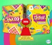 Two colorful game boxes titled "JINX O" and "DITO!" by Martin Ang, with vibrant illustrations including tacos, UFOs, and confetti. Between them is a red trophy with a gold laurel wreath and the year "2026" at the top. Below the trophy, a yellow banner reads "nominiert zum SPIEL DES JAHRES 3 Spiele auf der Nominierungsliste". The background is green with polka dots.