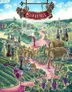 A vibrant, illustrated scene of the Bordeaux wine region. Rolling green vineyards stretch across the landscape, dotted with small houses and a stone aqueduct. A winding river flows through the center, with red wine pouring from bottles and barrels into the water. Multiple wine bottles, glasses, and wooden barrels are scattered throughout the scene. In the background, a village with houses and a church sits among the hills. A decorative banner at the top reads "Bordeaux," flanked by grape clusters.
