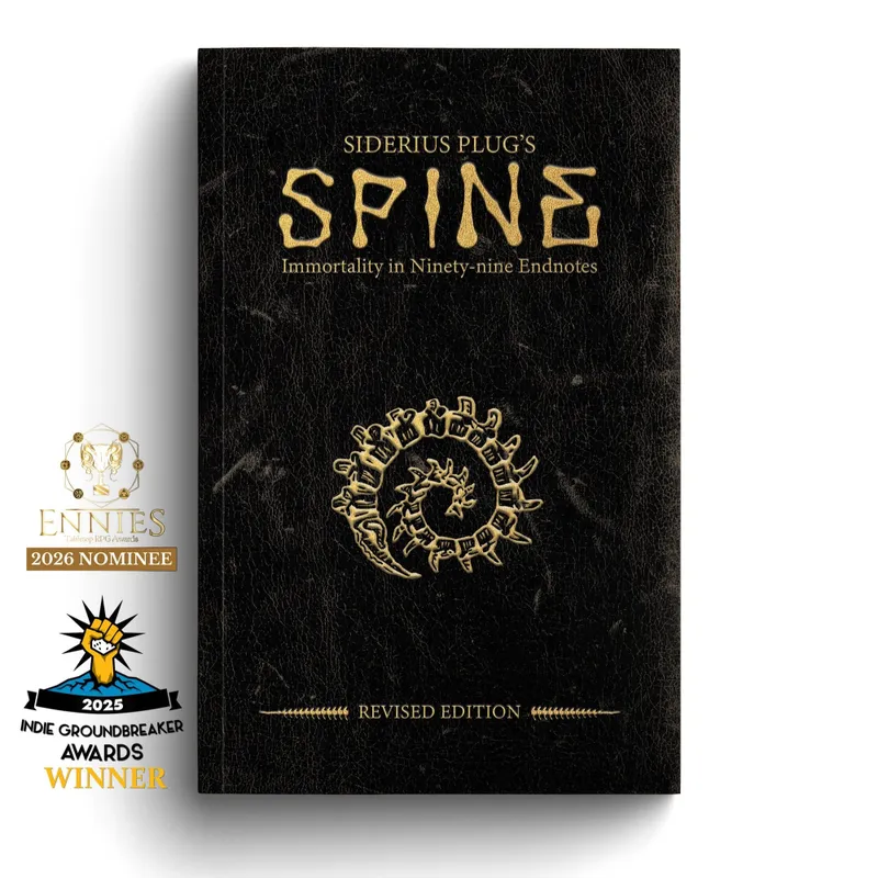 Black book cover with gold text "Siderius Plug's SPINE Immortality in Ninety-nine Endnotes REVISED EDITION" and circular design.