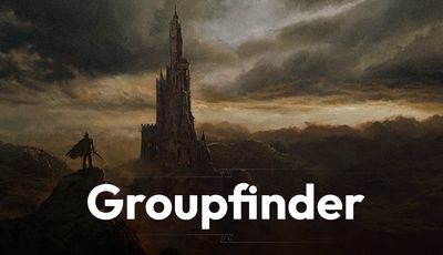 A dark, atmospheric landscape features a towering, gothic castle with intricate spires and a foreboding presence, set against a backdrop of ominous clouds and distant hills. The color palette is dominated by muted grays and browns, enhancing the sense of mystery and adventure. The word "Groupfinder" is prominently displayed in bold, white text at the bottom, suggesting a connection to the theme of exploration and discovery in tabletop role-playing games.