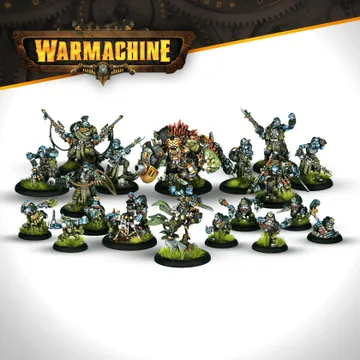 A collection of miniatures from the Southern Kriels Kithguard Army for Warmachine, featuring various trollkin jungle fighters. Prominent figures include Lead Captain Grimtusk, a fierce warlock, and Chomper, a dire troll, alongside Captain Grindstone and several infantry units. The miniatures are detailed, showcasing vibrant colors and dynamic poses, set against a simple background that highlights their intricate designs.