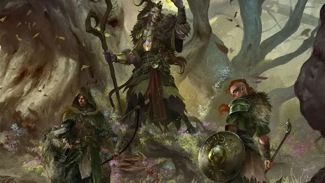 "Beyond the Woods" text above a forest scene with three figures: one with antlers, one with a staff, one with a shield.