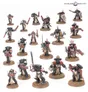 A collection of 20 miniature figures representing the Black Templars from the Warhammer 40,000 universe, arranged on a light-colored surface. The models are predominantly clad in black armor with red and white accents, showcasing various weapons such as swords, bolters, and shields. Some figures are posed dynamically, while others stand in more static positions, highlighting their distinct roles within the chapter, including a prominent figure likely representing the Emperor’s Champion.