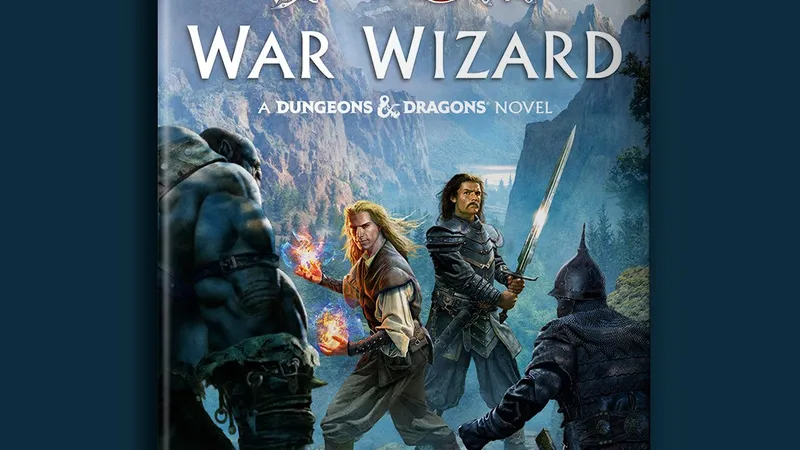 A fantasy book cover features a dramatic scene with four characters engaged in a tense moment. On the left, a large, muscular figure with blue skin and a fierce expression stands ready for battle. In the center, a blonde-haired man conjures flames with one hand, while a dark-haired warrior holds a sword, looking determined. To the right, a knight in dark armor stands poised, and in the background, a mountainous landscape adds depth to the scene. The title "War Wizard" is prominently displayed at the top, along with the text "A Dungeons & Dragons Novel" and the release date "Coming August 4, 2026."