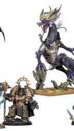 A collection of detailed miniatures from Games Workshop showcases a variety of characters. Prominently featured is a large, purple dragon-like creature adorned with armor and a regal headpiece, standing on a rocky base. Surrounding it are several other miniatures, including a skeletal figure with a glowing blue aura, a heavily armored Space Marine, and a smaller character in a mechanical suit, all displaying intricate designs and vibrant colors.