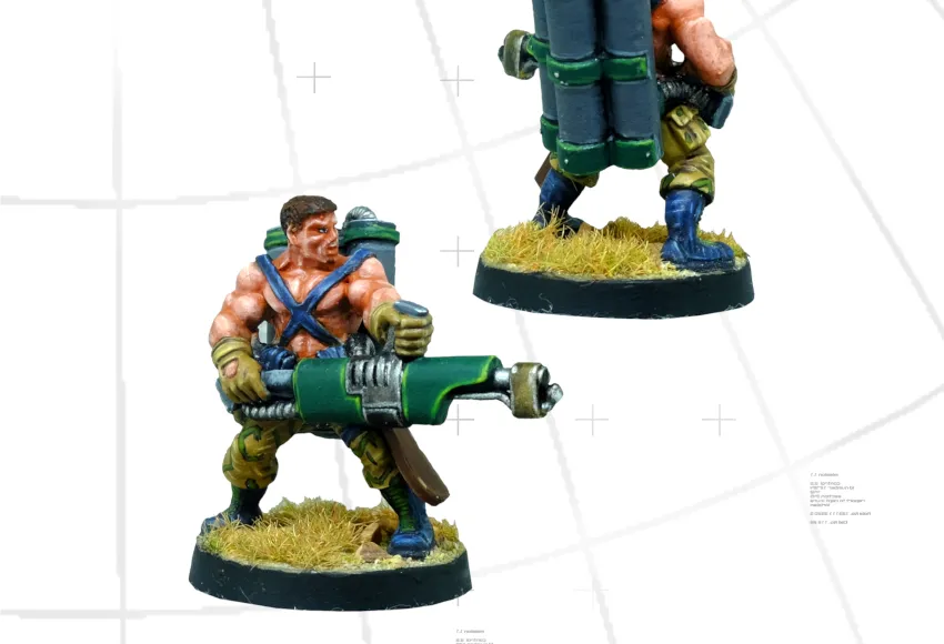 A detailed miniature figure of a commando equipped with a flamethrower, showcasing muscular features and wearing a blue and green outfit. The figure stands on a round base with tufts of grass, and a large backpack containing gas canisters is visible on its back. The image presents the figure from both the front and back, highlighting the flamethrower and the character's rugged design.