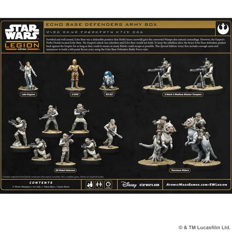 A collection of Star Wars: Legion miniatures is displayed, featuring characters and units from the Echo Base Defenders Army Box. Prominent figures include Leia Organa, C-3PO, R2-D2, and two Mark II Medium Blaster Troopers, alongside 20 Rebel Veterans and Tauntaun Riders. The miniatures are set against a dark background, highlighting their detailed sculpts and winter-themed attire, suitable for the icy environment of Hoth.