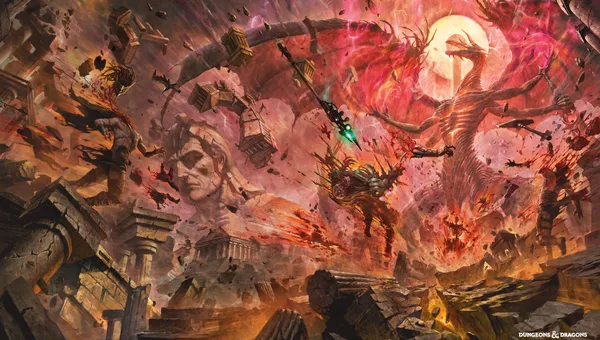 Giant stone head, crumbling ruins, fiery sky, dragon-like creature, armored figure with spear.