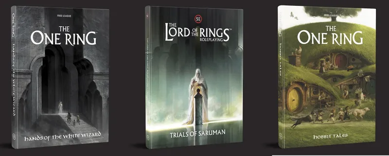 Two roleplaying game books are displayed side by side against a dark background. On the left, "Hands of the White Wizard" features a shadowy illustration of a group of figures ascending stone steps, hinting at a mysterious setting. On the right, "Trials of Saruman" showcases a striking image of Saruman, depicted in a flowing robe, standing before a pedestal with a glowing orb, surrounded by ethereal light. Both covers highlight their respective titles prominently at the bottom.
