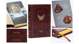 A special edition hardcover book titled "Era of Ruin: The Anthology" features a rich red faux-leather cover adorned with a prominent gold emblem of an eagle. The book showcases intricate debossed details and gold gilt page edges, along with a ribbon bookmark. Surrounding the book are images of its interior, displaying full-color artwork and a quote that reads, "All we have left now are stories."