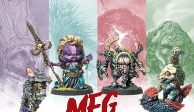 Four whimsical resin miniatures are displayed, representing the Murderous Fish Gnome Mystery Pack Series 2 from Para Bellum Games. On the left, a gnome with a wolf-like appearance stands, while the central figure is a purple-skinned gnome in a flowing gown, holding a staff. To the right, a gnome in mechanical armor features a distinctive design, and the background showcases soft pastel colors, enhancing the fantasy theme. The text "MFG" is prominently featured in bold red at the bottom.