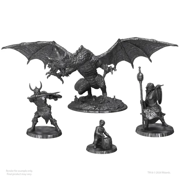Gray metal miniatures: dragon, warrior, mage, thief on bases.