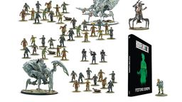 A collection of miniatures from Warlord Games' Konflikt ’47 is displayed, featuring various figures including soldiers, zombies, and mechanical creatures. Prominently featured is the book titled "Konflikt ’47: Festung Europa," which showcases a green silhouette on its cover. Among the miniatures, a notable figure in powered armor and a mechanical creature stand out, highlighting the game's unique blend of historical and fantastical elements.