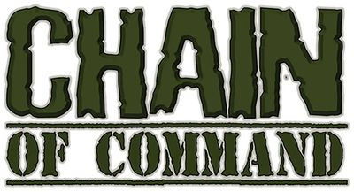 The image features the title "CHAIN OF COMMAND" prominently displayed in a bold, stylized font. The letters are primarily in a dark green color, with a rugged, military-inspired design. Below the title, the word "COMMAND" is presented in a slightly smaller size, maintaining the same color scheme and style, emphasizing the theme of the WWII skirmish game.