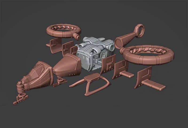 A collection of 3D model components for the LARC 2, a sci-fi utility VTOL, is displayed against a dark background. The parts include a streamlined cockpit, twin anti-grav rotors, and various modular accessories such as hardpoints and stabilizers, showcasing a mix of brown and silver colors. The arrangement highlights the modularity and adaptability of the design, emphasizing its potential for customization in tabletop gaming.