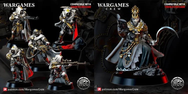 A collection of intricately designed miniatures showcases various characters from the Weird War I setting. On the left, a figure in a flowing white cloak and dark armor wields a weapon, while another figure, also cloaked, holds a firearm and emits a plume of smoke. On the right, a regal character adorned with elaborate armor and accessories stands confidently, emphasizing the detailed craftsmanship and thematic elements of the Wargames Crew's offerings.
