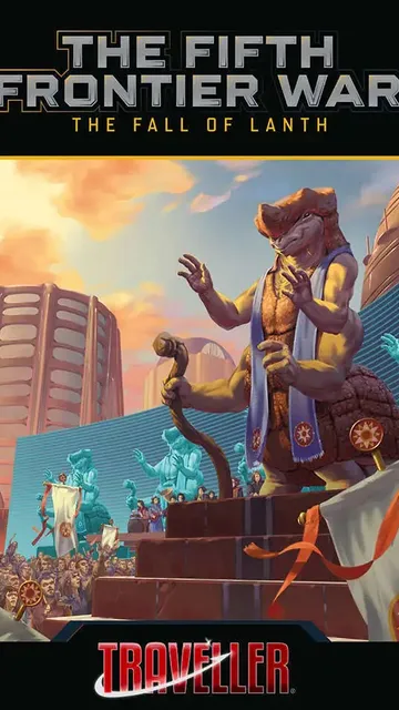 Cover art for The Fifth Frontier War: The Fall of Lanth. A reptilian humanoid figure in ceremonial robes stands on a raised platform, holding a staff and gesturing. Behind him, futuristic buildings and a crowd of similarly styled figures in blue and gold attire.