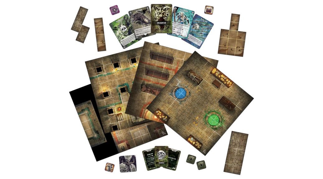 A collection of game components for the Dungeons & Dragons Onslaught: Tomb of Horrors - Maps & Monsters Expansion is displayed. The image features several map tiles with intricate dungeon designs, including rooms with colored circles and various obstacles. Accompanying the tiles are multiple cards, including encounter and monster cards, along with tokens and a few additional game pieces scattered around the scene.