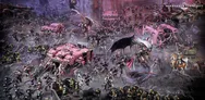 A dynamic scene showcases a multitude of Emperor's Children miniatures, prominently featuring pink-armored Chaos Space Marines amidst a dark, atmospheric backdrop. In the foreground, a striking figure with bat-like wings and elaborate armor stands out, surrounded by various other miniatures, including soldiers in tattered clothing. The setting is filled with gothic architecture and hints of chaos, enhancing the overall theme of hedonism and decay.